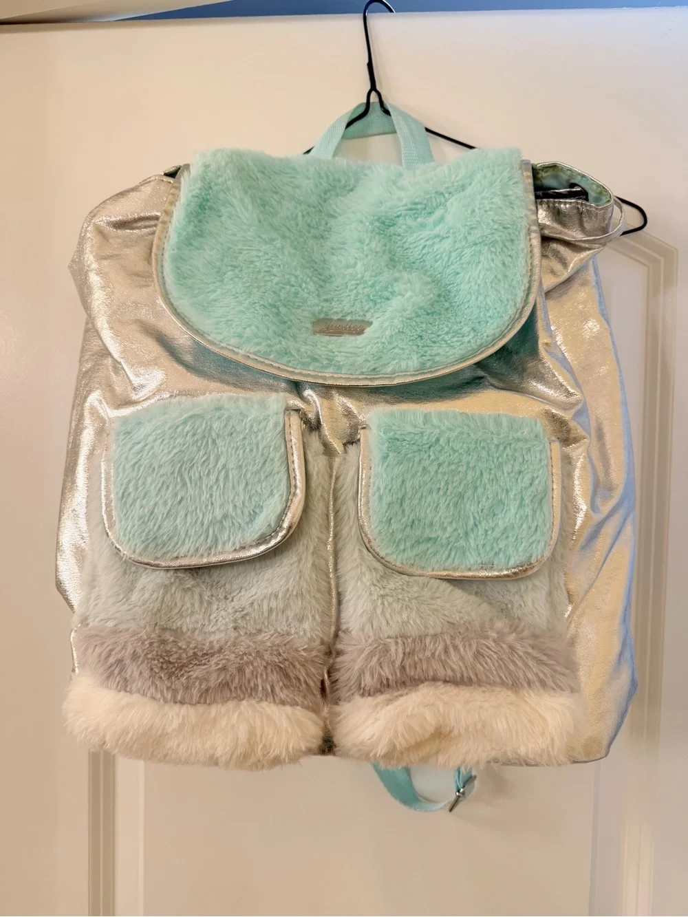 Justice Mint Faux Fur & Silver Metallic Backpack